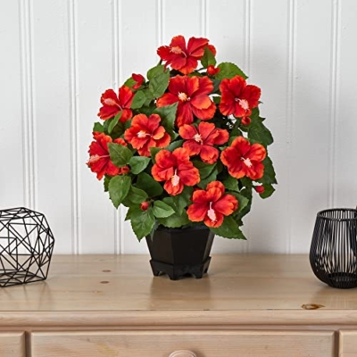 Silky Flower Store Nearly Natural Hibiscus Silk Plant, Black Hexagon Vase, Artificial Floral Arrangement, Home Office Decor, 6w x 5.75h 4 4 Product: Nearly Natural Hibiscus with Black Hexagon Vase Silk Plant
