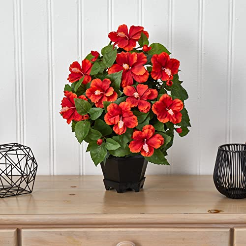 Silky Flower Store Nearly Natural Hibiscus Silk Plant, Black Hexagon Vase, Artificial Floral Arrangement, Home Office Decor, 6w x 5.75h 1 1 Product: Nearly Natural Hibiscus with Black Hexagon Vase Silk Plant