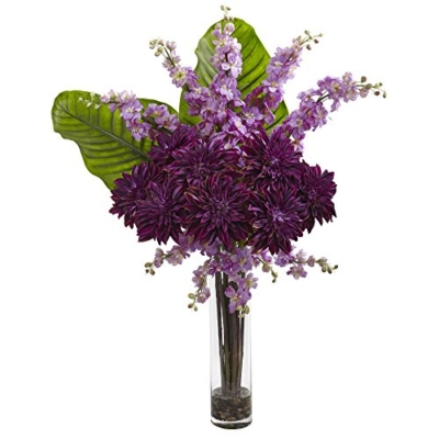 Product: Nearly Natural 1427-PP Dahlia, Delphinium, and Travelers Palm Silk Arrangement in Glass Cylinder Vase