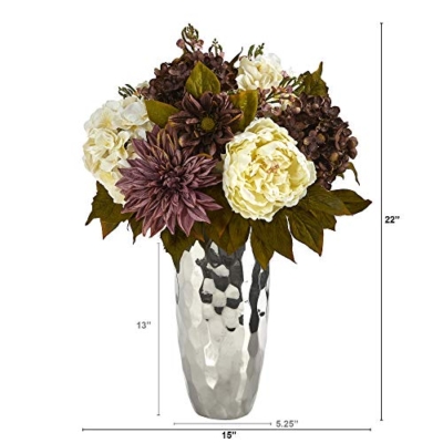 Silky Flower Store Artificial Peony Hydrangea Dahlia Arrangement, Silver Vase, Faux Floral Centerpiece, Indoor Décor 22in. 4 4 Product: Nearly Natural 22in. Peony, Hydrangea and Dahlia Artificial Arrangement in Silver Vase