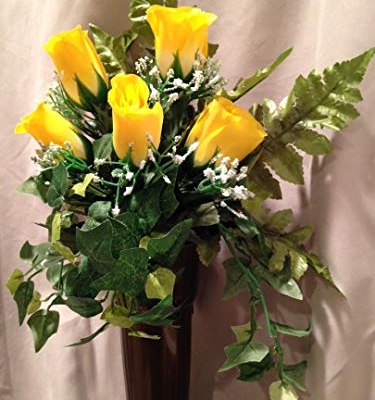 Silky Flower Store Artificial Yellow Rose Silk Flower Arrangement, Crypt Mausoleum Vase, Indoor Faux Floral Decor, 15in 17 17 Product: Crypt Mausoleum Vase & Yellow Rose Silk Flowers with Button Bolt Support