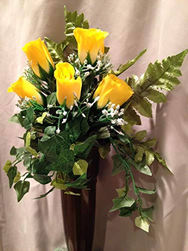 Product: Crypt Mausoleum Vase & Yellow Rose Silk Flowers with Button Bolt Support