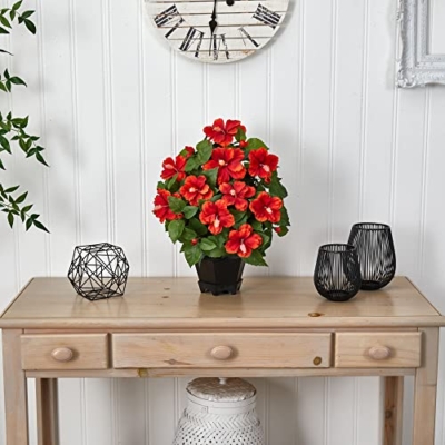 Silky Flower Store Nearly Natural Hibiscus Silk Plant, Black Hexagon Vase, Artificial Floral Arrangement, Home Office Decor, 6w x 5.75h 5 5 Product: Nearly Natural Hibiscus with Black Hexagon Vase Silk Plant