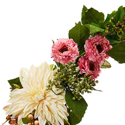 Silky Flower Store Artificial Dahlia Mum Wreath, Pink Orange Green Floral Door Decor, 22in. 10 10 Product: Nearly Natural 22in. Artificial Dahlia and Mum Wreath