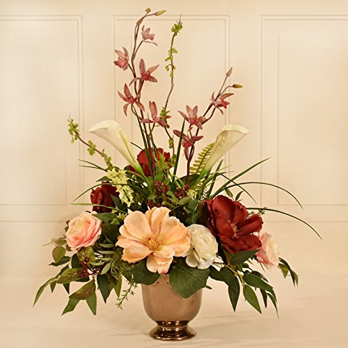 Magnolia, Rose and Orchid Silk Flower Arrangement - Artificial Roses Product: Magnolia, Rose and Orchid Silk Flower Arrangement