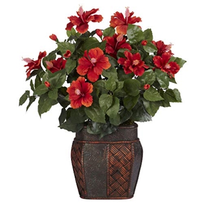 Product: Nearly Natural 6667 Hibiscus with Vase Decorative Silk Plant, Red 24" x 24" x 19"
