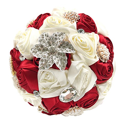 Product: Abbiehome Handmade Bridal Bridesmaids Brooch Bouquet Satin Roses with Crystal Diamond Pearl Decor (Burgundy+Ivory) 8"*8"*11"
