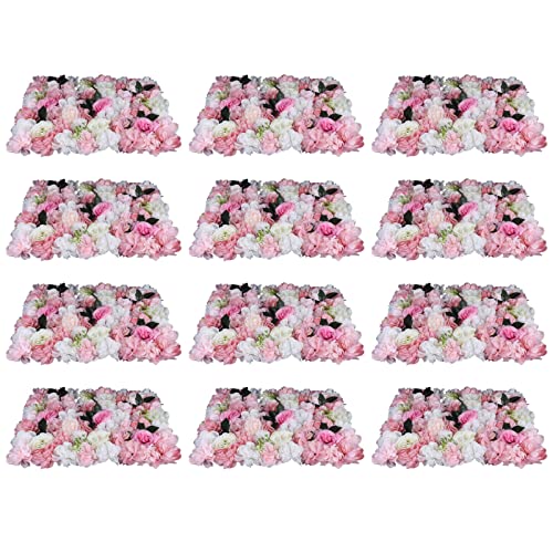 Product: LOYALHEARTDY 12 pcs Flower Wall Panel Artificial Flower Backdrop Silk Flower Bouquet Wall for Home Turf Wedding Party Venue Background Wall Decor（Pink Dahlia,Rose,Leaves）