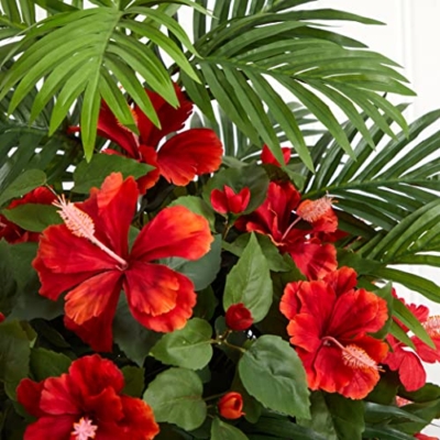 Silky Flower Store Nearly Natural Hibiscus Areca Palm Artificial White Bowl Silk Plants Red, Faux Floral Decor 20.5cm 7 7 Product: Nearly Natural Hibiscus and Areca Palm Artificial White Bowl Silk Plants, Red