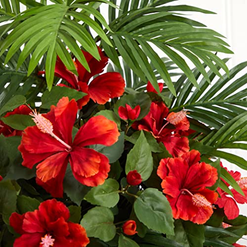 Silky Flower Store Nearly Natural Hibiscus Areca Palm Artificial White Bowl Silk Plants Red, Faux Floral Decor 20.5cm 3 3 Product: Nearly Natural Hibiscus and Areca Palm Artificial White Bowl Silk Plants, Red
