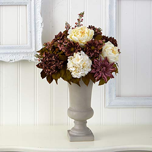 Silky Flower Store Nearly Natural Peony Hydrangea Dahlia Artificial Arrangement, Sand Colored Urn, 27in. 2 2 Product: Nearly Natural 27in. Peony, Hydrangea and Dahlia Artificial Arrangement in Sand Colored Urn