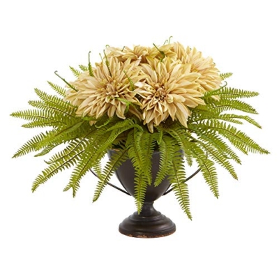Product: Nearly Natural 14in. Dahlia and Fern Artificial Metal Goblet Silk Arrangements, Cream