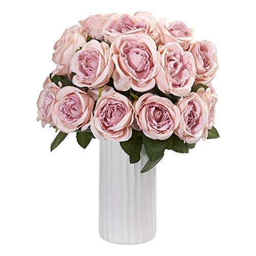 Product: Nearly Natural Rose Artificial White Vase Silk Arrangements, Pink