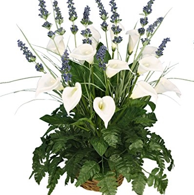 Product: Arcadia Silk Plantation 24" Artificial Calla Lily, Lavender, Leather Fern Grass in Basket Arrangement