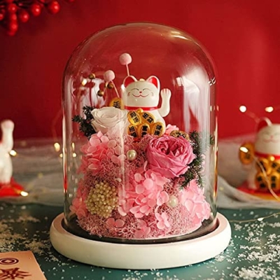 Product: KDFJ Eternal Rose Preserved Real Flower with Lucky Cat Doll in Glass Dome,Forever Rainbow Rose Artificial Flower Glass Dome, Galaxy Eternal Rose,Pink
