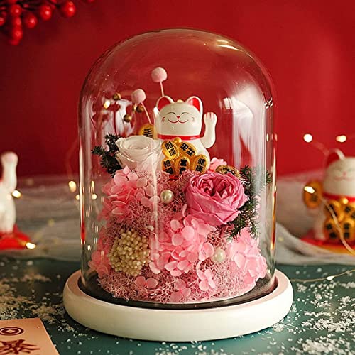 Product: KDFJ Eternal Rose Preserved Real Flower with Lucky Cat Doll in Glass Dome,Forever Rainbow Rose Artificial Flower Glass Dome, Galaxy Eternal Rose,Pink