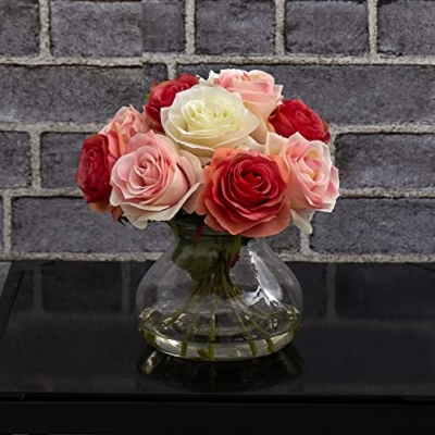 Silky Flower Store Nearly Natural Rose Arrangement, Artificial Floral Vase, Faux Water, Home Office Decor, 11in x 11in 5 5 Product: Nearly Natural Rose Arrangement with Vase