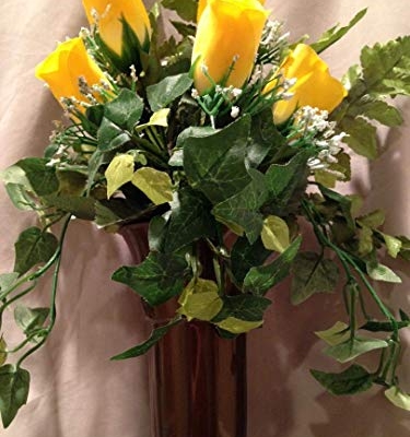 Silky Flower Store Artificial Yellow Rose Silk Flower Arrangement, Crypt Mausoleum Vase, Indoor Faux Floral Decor, 15in 13 13 Product: Crypt Mausoleum Vase & Yellow Rose Silk Flowers with Button Bolt Support