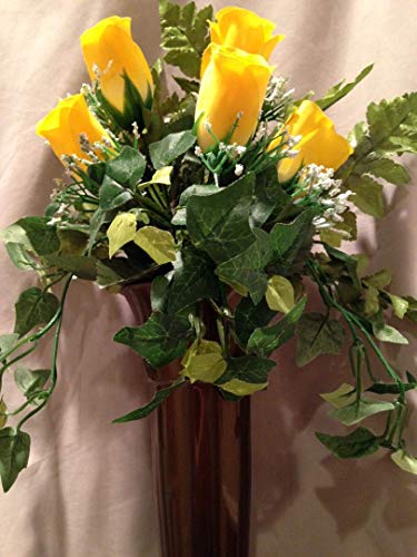 Silky Flower Store Artificial Yellow Rose Silk Flower Arrangement, Crypt Mausoleum Vase, Indoor Faux Floral Decor, 15in 4 4 Product: Crypt Mausoleum Vase & Yellow Rose Silk Flowers with Button Bolt Support