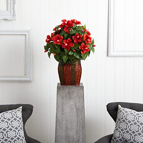 Product: Nearly Natural 6667 Hibiscus with Vase Decorative Silk Plant, Red 24" x 24" x 19"