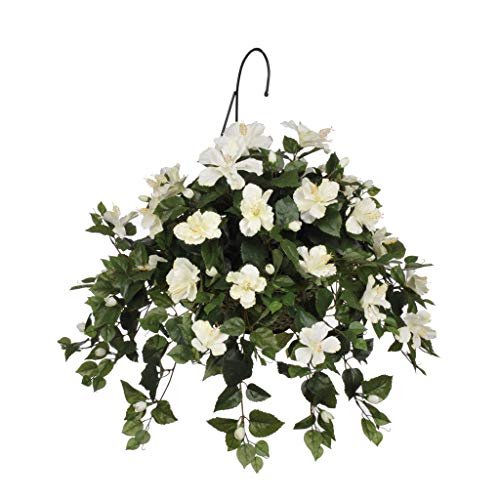 Product: House of Silk Flowers Artificial Cream Hibiscus in Water Hyacinth Hanging Basket (White Water Hyacinth)