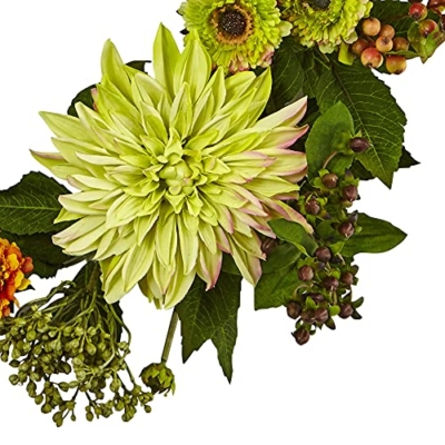 Silky Flower Store Artificial Dahlia Mum Wreath, Pink Orange Green Floral Door Decor, 22in. 8 8 Product: Nearly Natural 22in. Artificial Dahlia and Mum Wreath