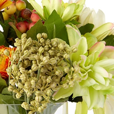 Silky Flower Store Artificial Dahlia Mum Arrangement, Faux Floral Centerpiece in Glass Vase, 10.5H x 9.5W x 7.5D 8 8 Product: Nearly Natural Mixed Dahlia and Mum with Glass Vase
