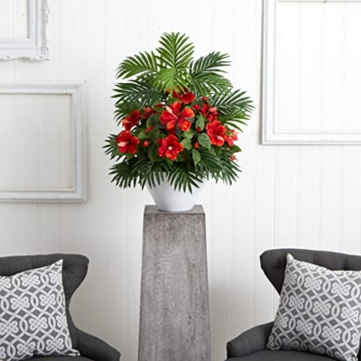 Silky Flower Store Nearly Natural Hibiscus Areca Palm Artificial White Bowl Silk Plants Red, Faux Floral Decor 20.5cm 5 5 Product: Nearly Natural Hibiscus and Areca Palm Artificial White Bowl Silk Plants, Red