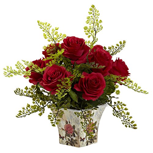 Nearly Natural Rose & Maiden Hair Floral Planter - Artificial Flower Arrangements Product: Nearly Natural Rose & Maiden Hair Floral Planter