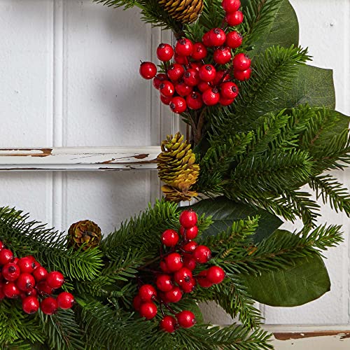 Silky Flower Store Artificial Magnolia Leaf Berry Pine Wreath, Emerald Magnolia Leaves, Crimson Berries, 24in. 2 2 Product: Nearly Natural 24in. Magnolia Leaf, Berry and Pine Artificial Wreath