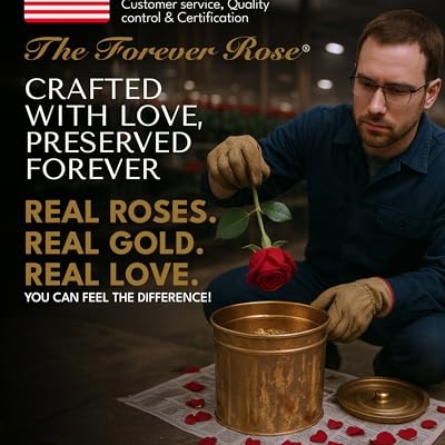 Product: Forever Rose Real Red Rose Dipped in 24K Gold with Gold-Trimmed Petals and Stem, Handcrafted Preserved Rose in Luxury Gift Box, Romantic Gift for Her