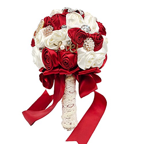 Product: Abbiehome Handmade Bridal Bridesmaids Brooch Bouquet Satin Roses with Crystal Diamond Pearl Decor (Burgundy+Ivory) 8"*8"*11"
