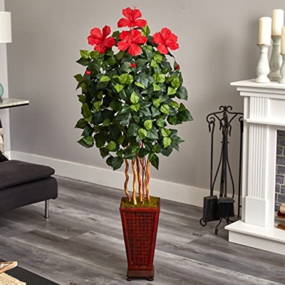 Product: Nearly Natural 5ft. Hibiscus Artificial Tree in Decorated Wooden Planter