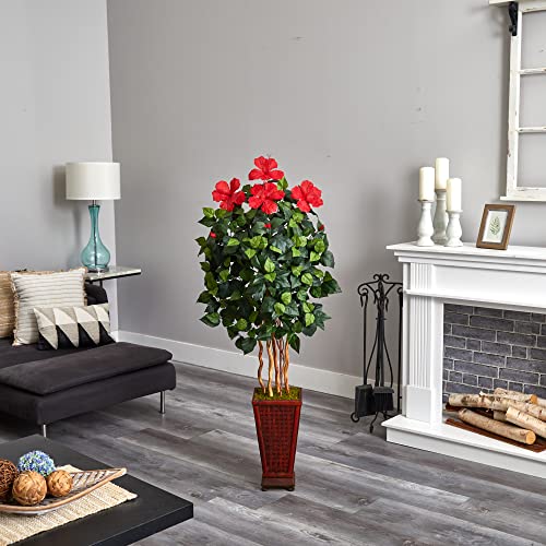 Product: Nearly Natural 5ft. Hibiscus Artificial Tree in Decorated Wooden Planter