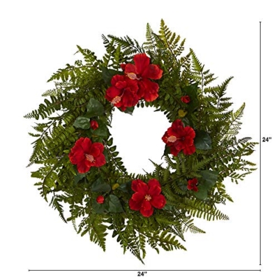 Silky Flower Store Artificial Fern Hibiscus Wreath, Faux Green Floral Door Wreath, Home Decor, 24in 4 4 Product: 24in. Mixed Fern and Hibiscus Artificial Wreath