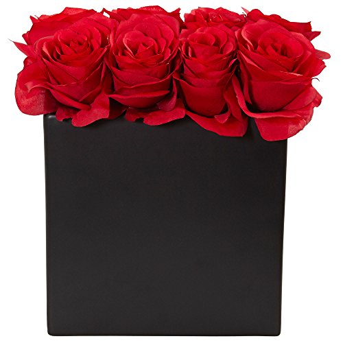 Nearly Natural Roses Silk Arrangement in 9in. H Black Vase - Artificial Flower Arrangements Product: Nearly Natural Roses Silk Arrangement in 9in. H Black Vase