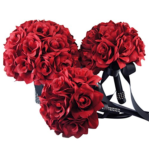 Product: Angel Isabella 3 Bouquets-Apple Red Open Roses with Black Ribbon and Bling