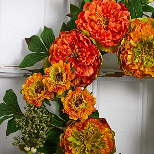 Product: Nearly Natural 4580 24â€ Peony and Mum Wreath,17.5'' x 5.25'' x 17.5'' , Green