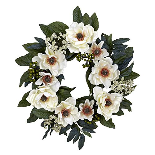 Nearly Natural 4793 22in. Magnolia Wreath,White - Artificial Flower Arrangements Product: Nearly Natural 4793 22in. Magnolia Wreath,White