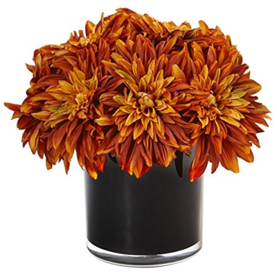 Product: Nearly Natural Dahlia and Mum Silk Arrangement in Black Glossy Cylinder Vase