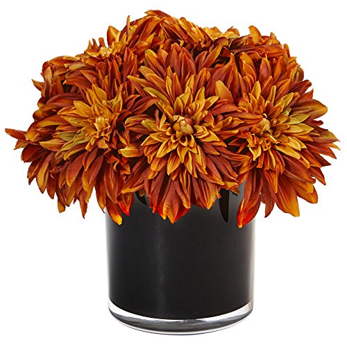Product: Nearly Natural Dahlia and Mum Silk Arrangement in Black Glossy Cylinder Vase