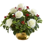 Product: Nearly Natural 15in. Rose and Variegated Holly Leaf Artificial Gold Bowl Silk Arrangements, White