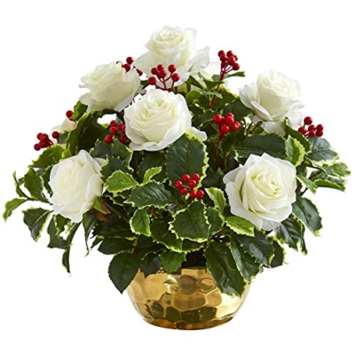 Product: Nearly Natural 15in. Rose and Variegated Holly Leaf Artificial Gold Bowl Silk Arrangements, White