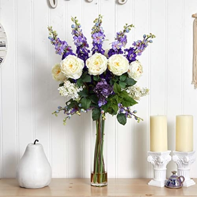 Product: Nearly Natural Rose, Delphinium and Lilac Silk Flower Arrangement