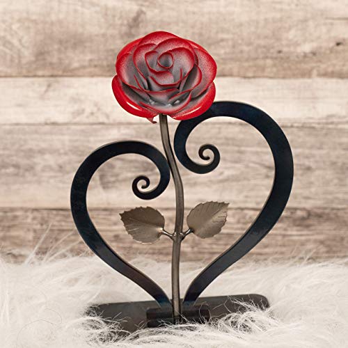 Product: Gift Hand-Forged Wrought Iron Red Metal Rose with Heart - Shaped Stand - Iron Anniversary Gift