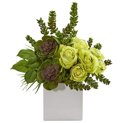 Product: Nearly Natural 14-in. Rose & Succulent Artificial White Vase Silk Arrangements Green