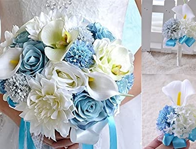 Product: Abbie Home Wedding Flower Set of 5 Calla Dahlia Orchid Bridal Bouquets Rose Bridesmaid Wrist Corsage Groomsman Boutonniere Brooch Pin (Z Set of 5)