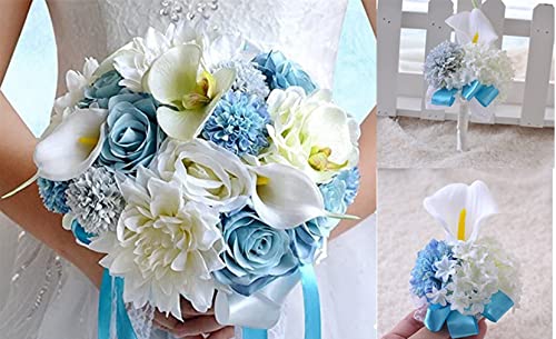 Product: Abbie Home Wedding Flower Set of 5 Calla Dahlia Orchid Bridal Bouquets Rose Bridesmaid Wrist Corsage Groomsman Boutonniere Brooch Pin (Z Set of 5)