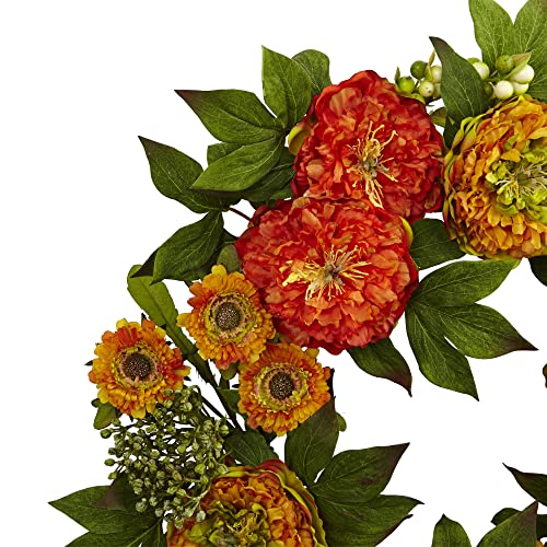 Product: Nearly Natural 4580 24â€ Peony and Mum Wreath,17.5'' x 5.25'' x 17.5'' , Green