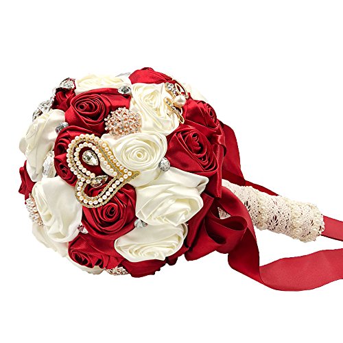 Product: Abbiehome Handmade Bridal Bridesmaids Brooch Bouquet Satin Roses with Crystal Diamond Pearl Decor (Burgundy+Ivory) 8"*8"*11"